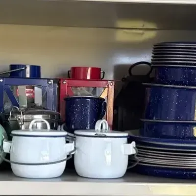 Lot Of Metal Camping Teapots, Plates And Pans 