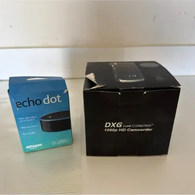 Amazon Echo Dot Smart Speaker & DXG Luxe Collection 1080p HD Camcorder – Original Boxes