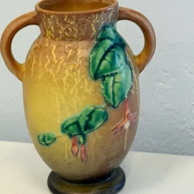 Vintage Roseville Pottery Fuchsia Double-Handled Vase – Brown & Yellow – Approx. 8"