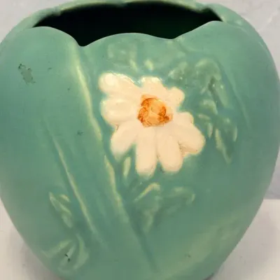 Vintage Weller Pottery Wild Rose Art Pottery Jardiniere – Turquoise Green – Scalloped Rim