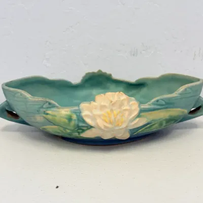 Vintage Roseville Pottery White Rose 10" Console Bowl – Blue Green – Double Handle