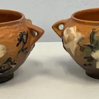 Pair of Vintage Roseville Pottery Magnolia Double Handle Jardinieres – Brown & Cream 6653”