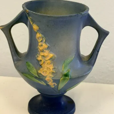 Vintage Roseville Pottery Foxglove Blue Double-Handled Vase #161-6 “