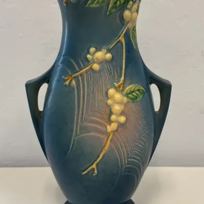 Vintage Roseville Pottery IVI-12 Snowberry Blue Double-Handled Art Pottery Vase