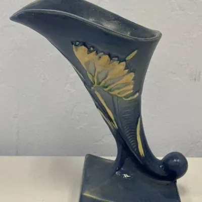 Vintage Roseville Pottery 198-8 Blue Floral Cornucopia Vase – Sculptural Art Pottery
