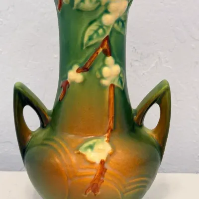 Vintage Roseville Pottery White Rose Double Handle Vase – Green & Brown – Approx. 8½"