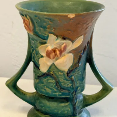Vintage Roseville Pottery Magnolia Pattern #88-6” Green Double-Handled Vase – Art Deco