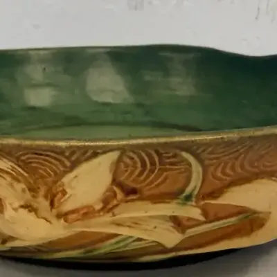 Vintage Roseville Pottery 476-10 Brown & Green Floral Console Bowl – 10"