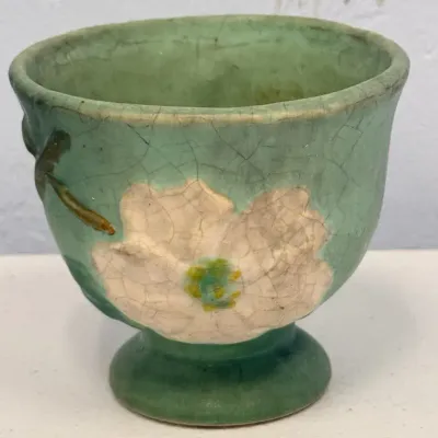 Vintage Roseville Pottery White Rose Green Jardiniere Planter – White Floral Relief