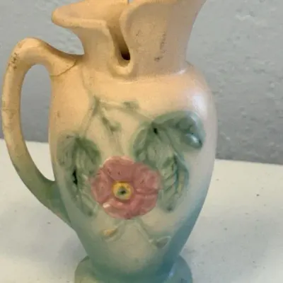 Vintage Hull Pottery 4” Floral Ewer Pitcher Vase – Pink Rose – Pastel Green & Cream