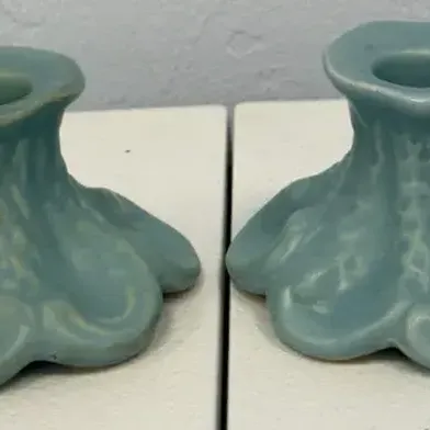 Vintage Weller Pottery Pair of Blue Art Deco Floral Candlestick Holders