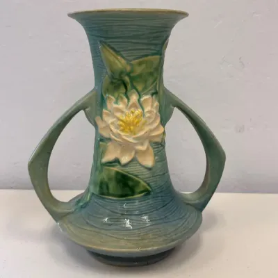Vintage Roseville Pottery 80-10 Water Lily Double-Handled Aqua Blue Art Pottery Vase