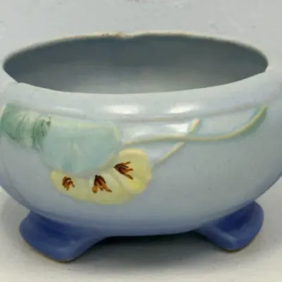 Vintage Weller Pottery Blue Floral Footed Jardiniere – Yellow Flowers – Art Pottery