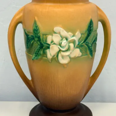 Vintage Roseville Pottery Magnolia 686-10 Double Handle Vase – 10" – Tangerine & Green