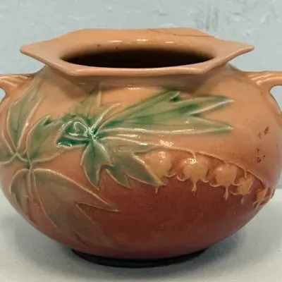 Vintage Roseville Pottery Bleeding Heart 377-4 Double Handle Jardiniere – Pink & Green – 4"