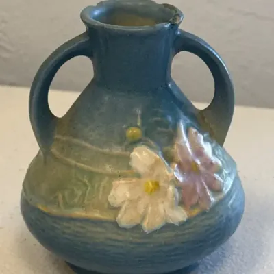 Vintage Roseville  Blue Double-Handled Art Pottery Vase – Raised Pink & White Flowers 