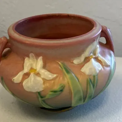 Vintage Roseville Iris Pattern Double-Handled Jardiniere – Pink & Green Art Pottery 