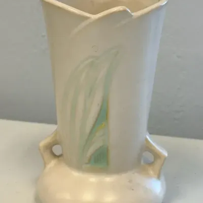 Vintage Roseville Pottery 180-6” White & Mint Green Art Deco Double-Handled Vase