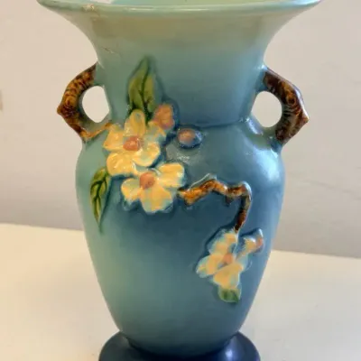 Vintage Roseville Pottery Blue Double-Handled Floral Vase – Large Rim Break – Repair Project
