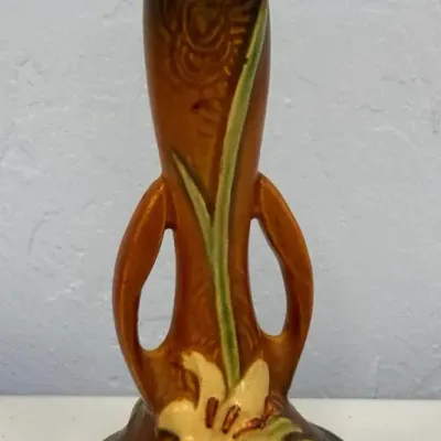 Vintage Roseville Pottery Zephyr Lily 201-7 Double Handle Bud Vase – Brown & Green – 7"