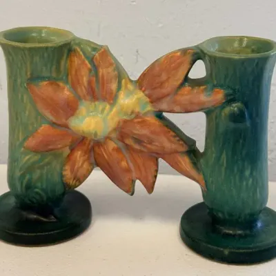 Vintage Roseville Pottery Clematis Double Bud Vase #194-5