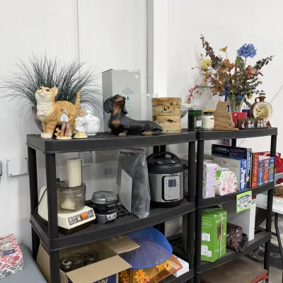 Home decor and small appliances, including cat and dachshund figurines, a vintage GE food processor, and an Instant Pot electric pressure...