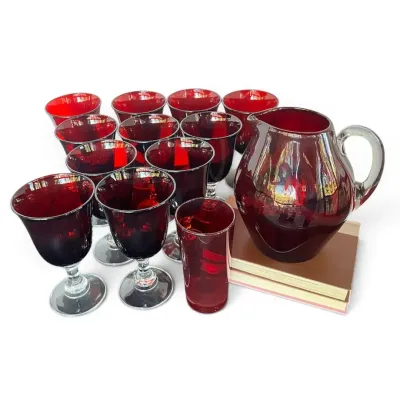 Vintage Ruby Red Wine Glasses, Tumblers, and Pitcher Set