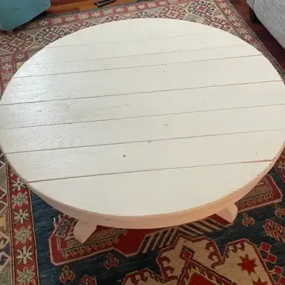 Rustic White Round Wooden Slat Pedestal Coffee Table