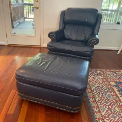 Hancock & Moore Navy Leather Armchair And Ottoman With Nailhead Trim