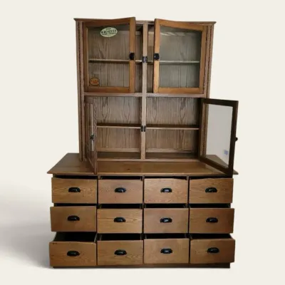 Vintage Oak Haberdashery Cabinet & Stepback Bookcase w/ Glass Doors