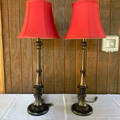 Set Of Bronze Tone Buffet Lamps With Wine Shades