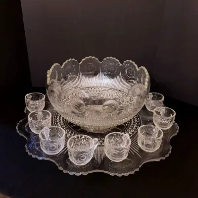 Vintage Pressed Glass Punch Bowl Set - 13 Pcs