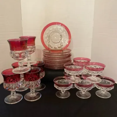 Vintage Kings Crown (Thumbprint) Pattern Glassware w/ Cranberry Flashed Rims