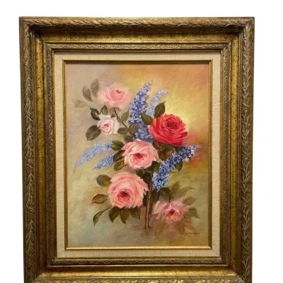Vintage Lillian Moffeit Floral Oil Painting Signed Ornate Gold Framed Still Life 22x25