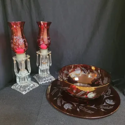 Etched Red Glass Lot - 4 Pieces