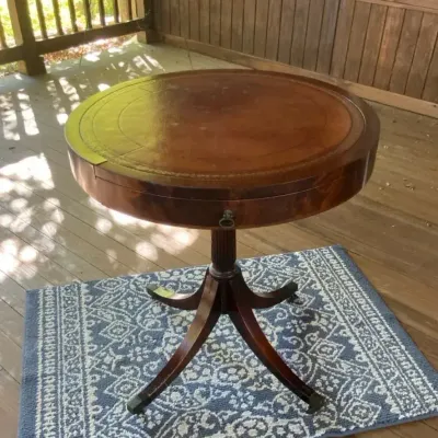 Vintage Round Drum Table w/ Tooled Leather Top, Drawer, Pedestal Base
