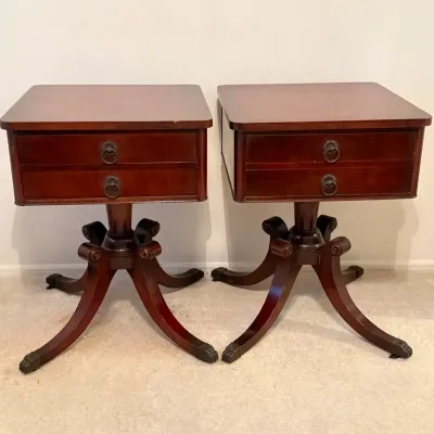 Pair, Vintage Mahogany Two-Drawer Nightstands Regency-Style 