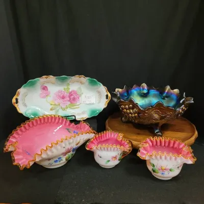 Flowers & Frills Dish Lot - Porcelain, Milk Glass, Circus Glass