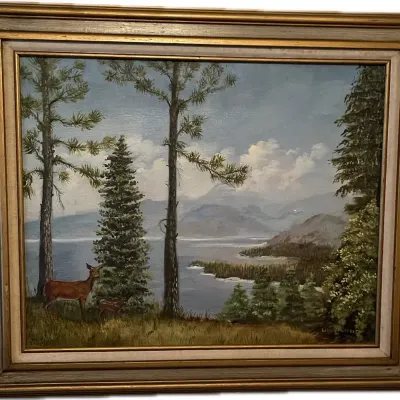 Vintage Mountain Landscape Oil Painting Deer Lake Signed Lilian Moffeit 21x25