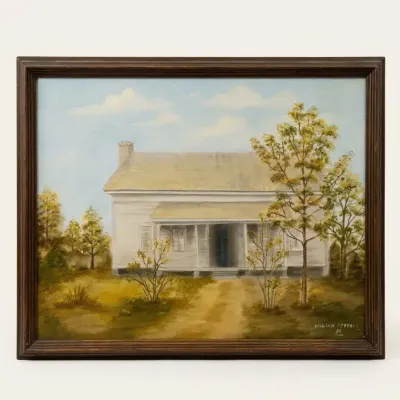 Vintage Folk Art White Farmhouse Oil Painting Signed Lillian Moffeit 22x18