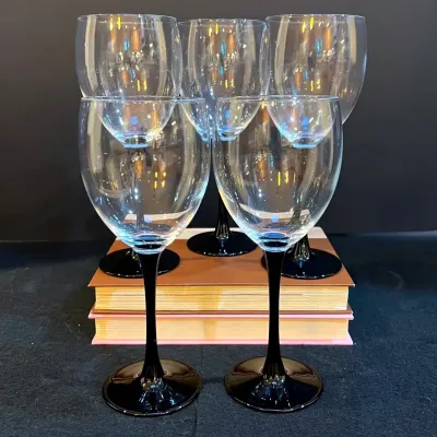 Vintage Luminarc France Domino Black Stem Wine Glasses Goblets