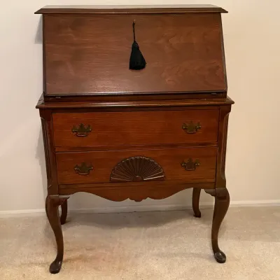 Vintage Slant-Front Secretary Wood Desk Queen Anne Style