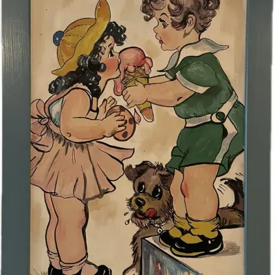Vintage 1930s Style Children Print Framed Boy & Girl Sharing Ice Cream Cone
