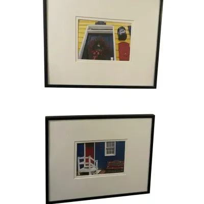 Two Framed Architectural Photographs in Black Frames, Blue & Yellow Cottage Coastal Homes 