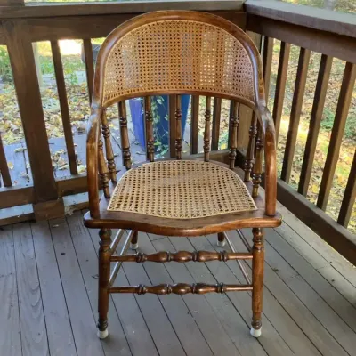 Vintage Barrel-Back Captain’s Chair with Cane Seat & Back