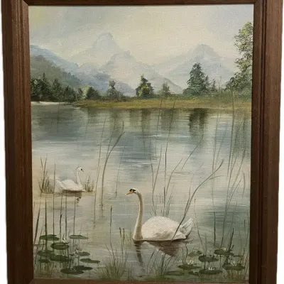 Framed Canvas Oil Painting of Two Swans, Lake Signed Lillian Moffeit '62