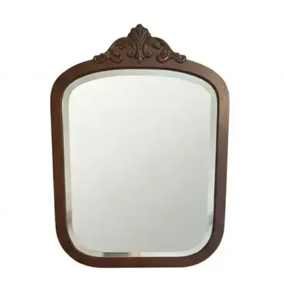 Vintage Wood Wall Mirror w/ Ornate Carved Scroll Crest Pediment, Beveled Glass