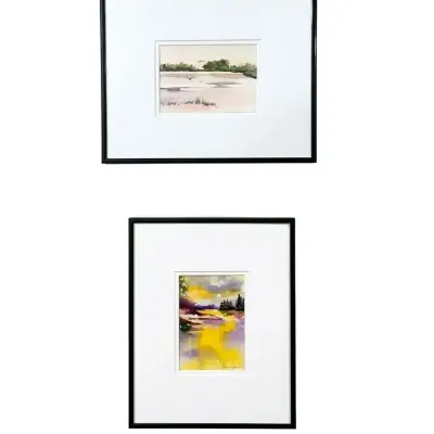 Two Matted & Framed Landscape Watercolor Paintings Featuring Marsh & Sunset/Sunrise Scenes