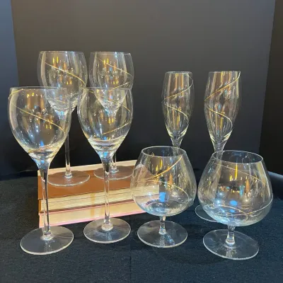 Vintage Kosta Boda Line Gold Crystal Stemware 8 Pcs, Anna Ehrner Sweden Swirl