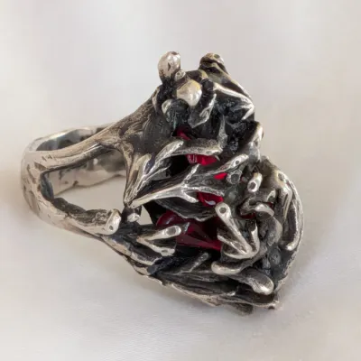 Sale Photo Thumbnail #191: Brutalist Sterling Silver Ring With Encased Red Stone